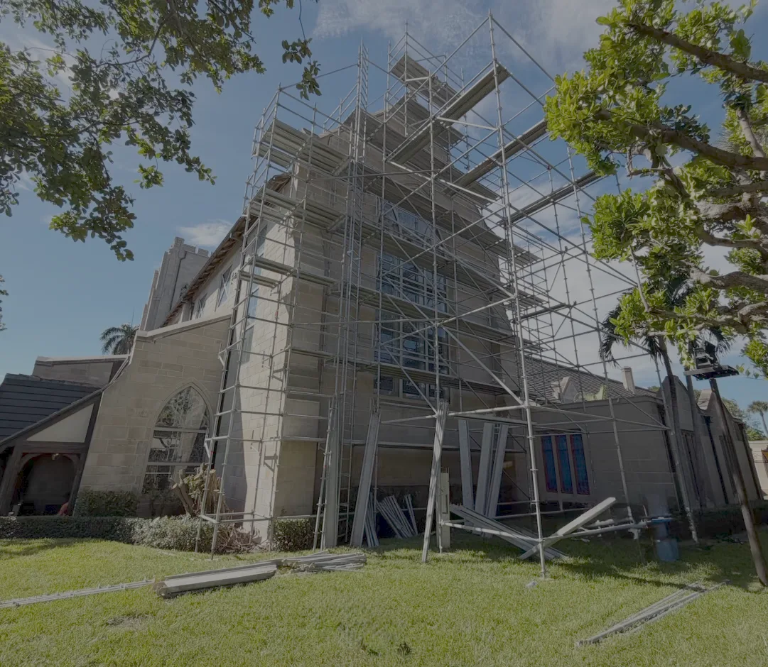 Scaffolding going up on the stone tower at Bethesda by the Sea church in Palm Beach, Florida.